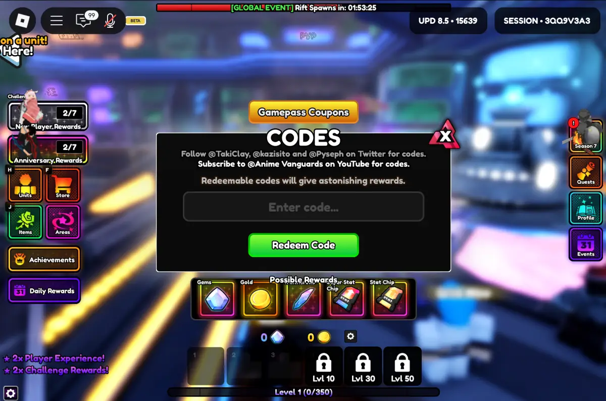 Redeem Code on Anime Vanguards