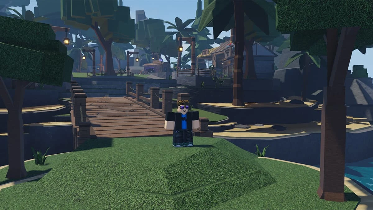 Image of the player in The Forge on Roblox, standing near a wooden bridge in the main Hub, preparing to use recipes to craft the best weapons in the game for DPS, beginners, and survival.