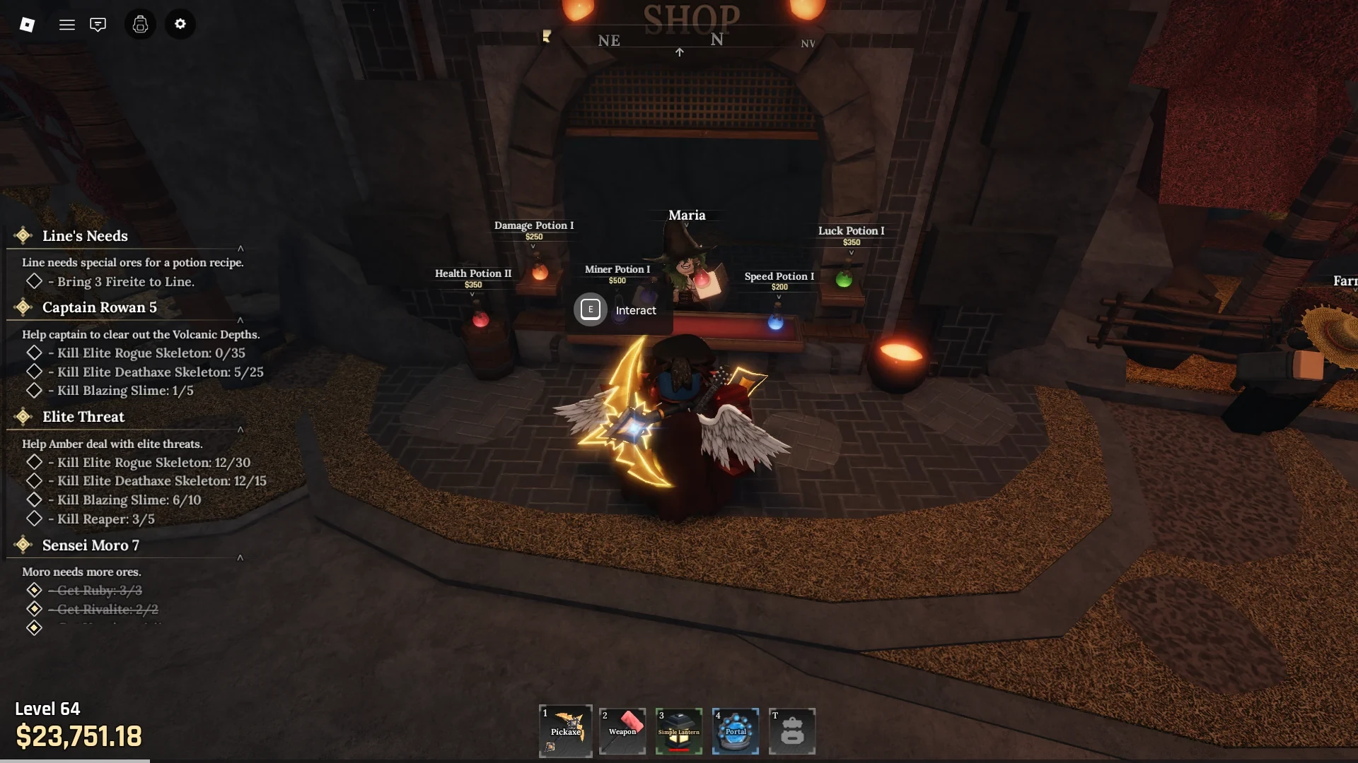 A player buying potions that enhance the performance of their pickaxe in The Forge Roblox experience.