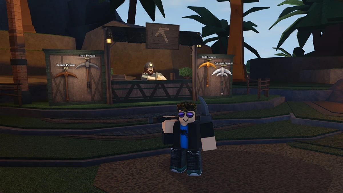 Image of the player standing in front of the Pickaxe Shop in The Forge on Roblox, representing the best pickaxes in the game with the help of a tier list.