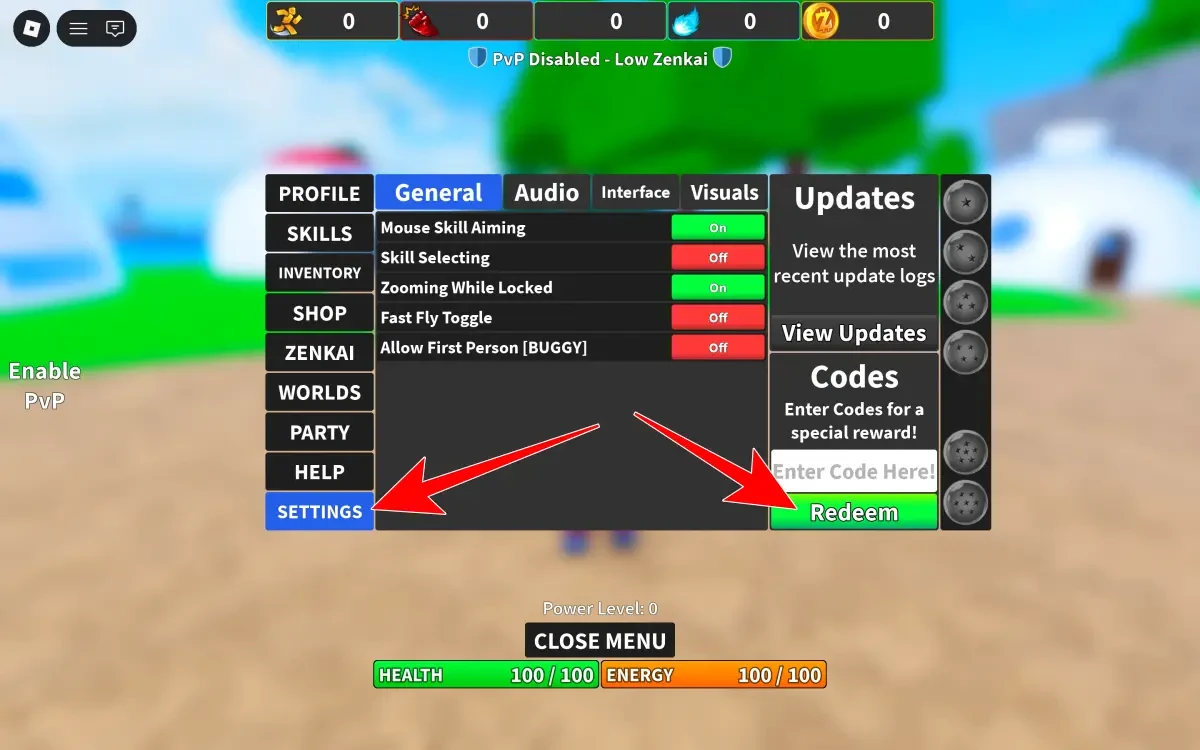 Settings And Redeem Option For Dragon Ball Rage